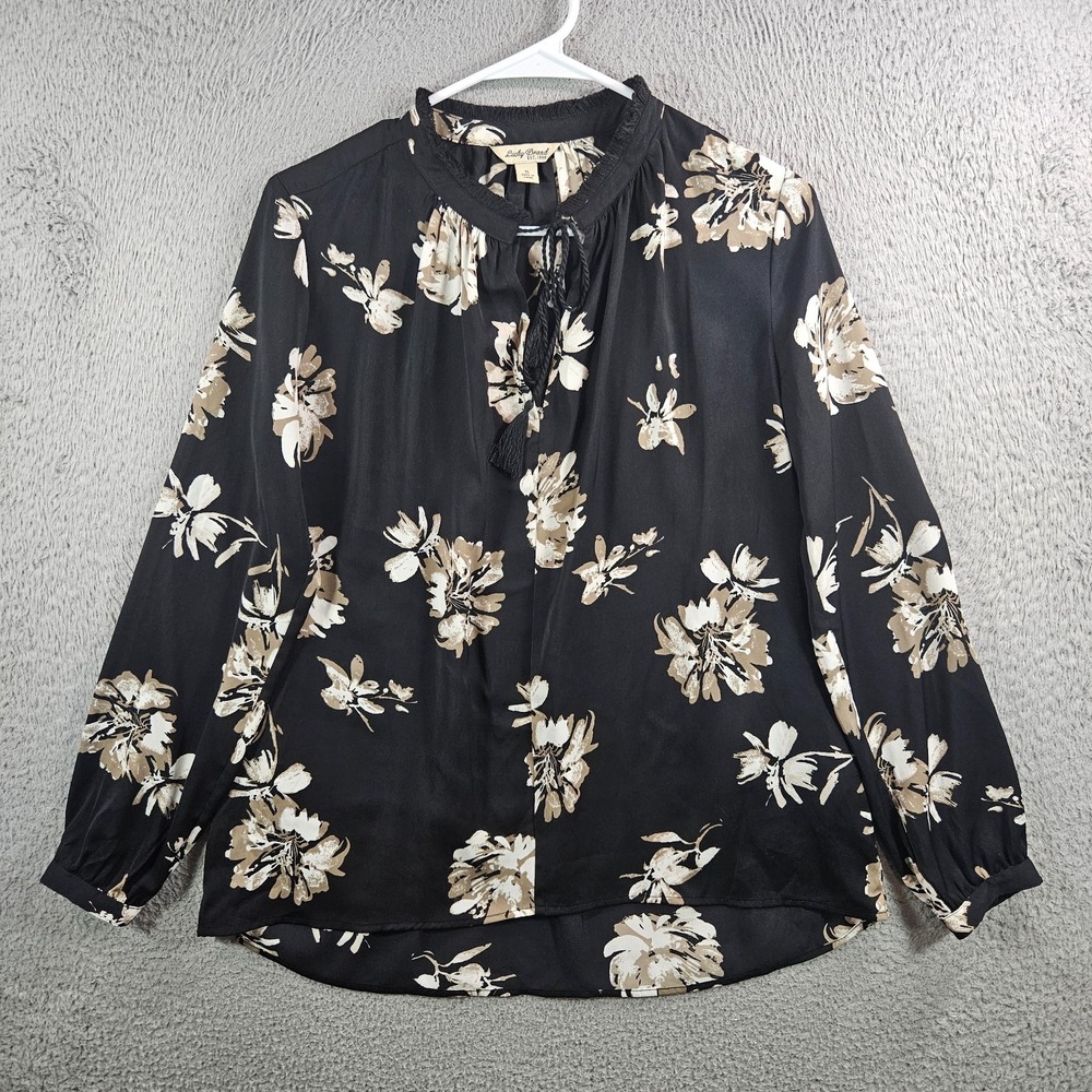 Lucky Brand Top Blouse Women Small Floral‎ Print Tie Neck Long Sleeve Black